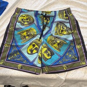 Versace Blue & Yellow Greek Mask Swim Shorts